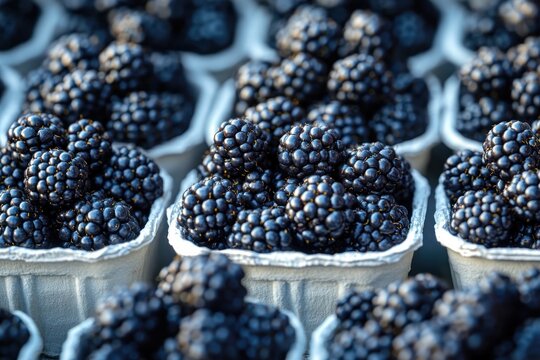 close-up of overflowing cartons of ripe blackberries in paper baskets, fresh and tempting market display