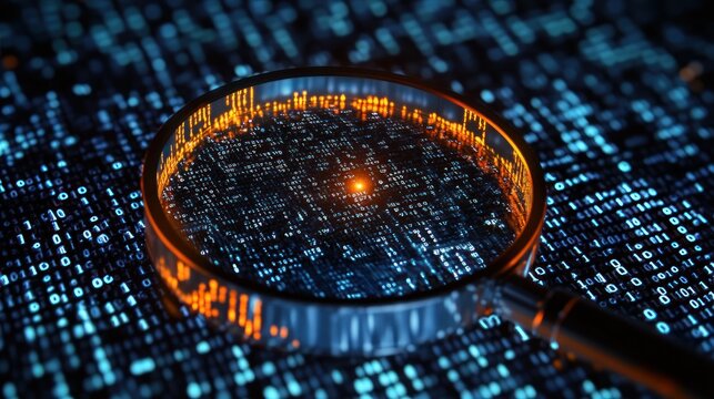 Magnifying glass hovering over glowing orange hotspot on blue binary code grid, close-up digital inspection conveying focus and discovery