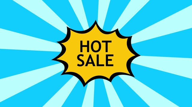 Yellow starburst badge with 'hot sale' text centered on blue radial striped background