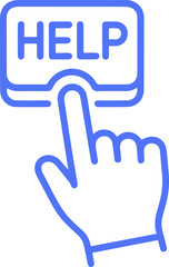 A blue outline icon of a hand cursor clicking on a button labeled "HELP" to request assistance.