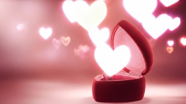 Heart-shaped box with glowing heart-shaped lights in a soft pink background