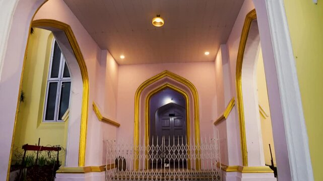 historic church entrance with gothic arches glowing in evening light video is taken at shimla himachal pradesh india.