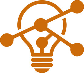 Orange stylized light bulb icon symbolizing innovation and connection, with a network of nodes and lines extending outwards.