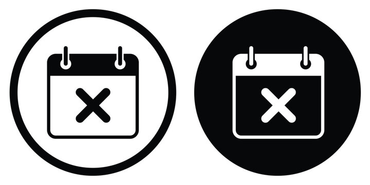 Calendar vector icon with a rejected "X" cross mark. Circular frame design for both light and dark modes. Perfect for cancelled events, declined meetings, or expired dates.