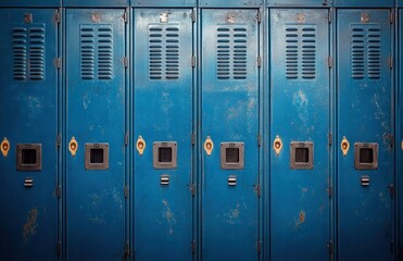 row of worn blue metal lockers with vents, lock slots and rusted paint conveying quiet nostalgia and melancholy