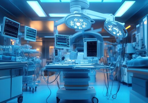 empty high-tech operating room with lit surgical lights, multiple monitors showing heart rhythms, cables and wheeled medical equipment in a sterile blue-lit space conveying tense readiness