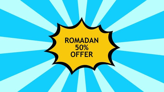 Comic-style yellow starburst badge with black outline on blue radial rays background reading "romadan 50% offer" sale promotion banner.