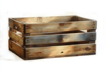 rustic empty wooden slatted crate with visible wood grain and handholds on a white background, warm nostalgic lighting