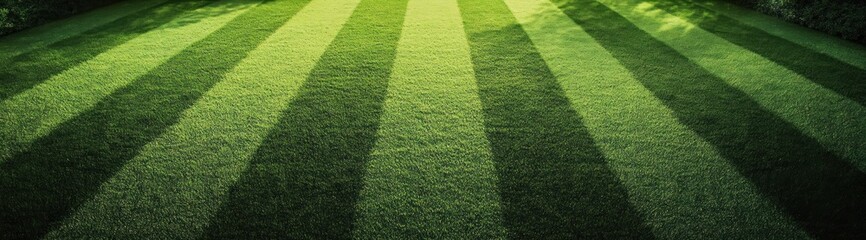 sunlit striped manicured lawn with alternating light and dark green bands and hedge border, peaceful and well kept