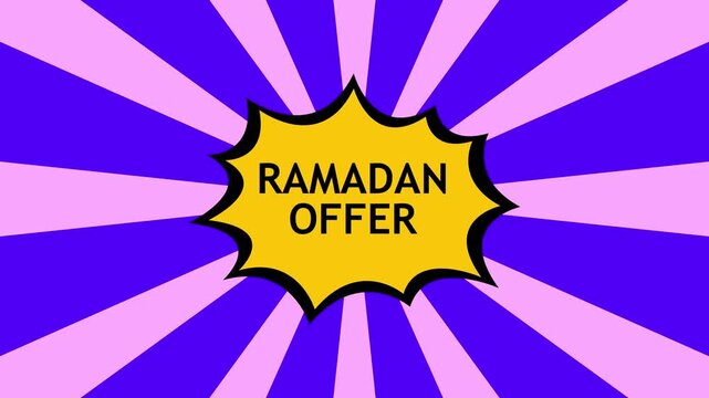 Bright comic-style ramadan offer badge: yellow burst with black outline centered over radiating purple and pink rays, bold text RAMADAN OFFER' inside. Vibrant promotional background.