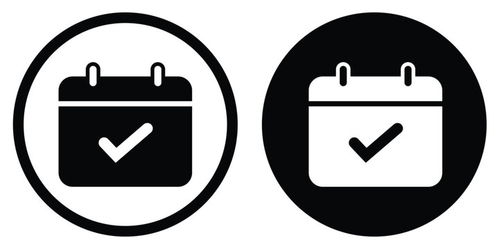 Calendar vector icon with a confirmed checkmark symbol. Set in black and white circular frames. Suitable for verified dates, completed appointments, and successful project scheduling.