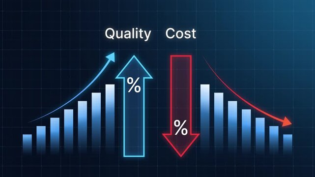Animated business chart showing quality improvement and cost reduction. Blue upward graph vs red downward graph. Ideal for business optimization, strategy, and management 