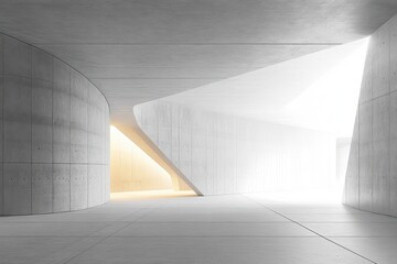 Fototapeta premium Minimal concrete interior with sweeping curved walls and ramp bathed in bright and warm light, calm and serene modern architectural space
