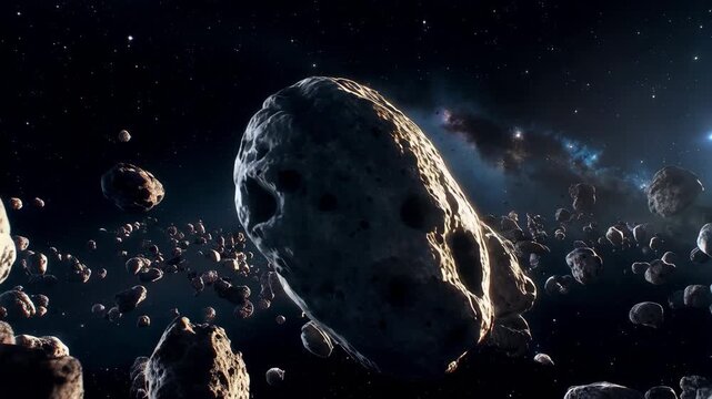 Cinematic flythrough of a dense asteroid field with tumbling rocks and dramatic lighting.
