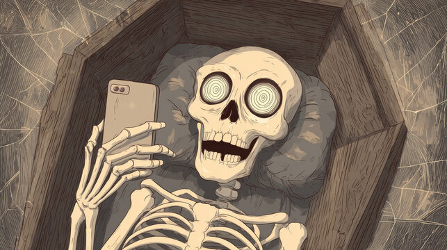 Skeleton checks phone in coffin