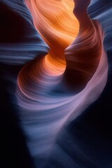 glowing curved sandstone slot canyon with warm orange light and cool blue shadows, smooth layered textures evoking serene wonder