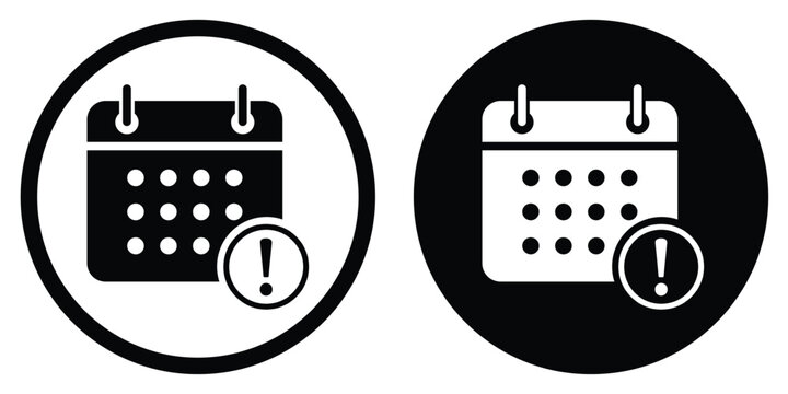 Calendar icon with an exclamation mark warning. Vector illustration for urgent deadlines, event alerts, critical schedules, or important date reminders in circular frames.