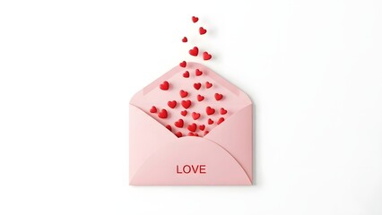 Pink envelope with hearts spilling out on white background