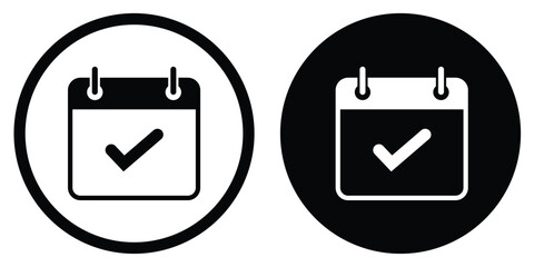 calendar with tick mark icon set in black and white circles, vector graphics isolated on background. © bibin
