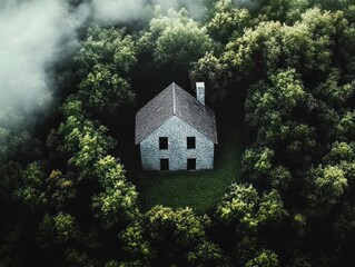 aerial view of a solitary stone house with chimney and dark windows in a grassy clearing surrounded by dense green trees and drifting fog, evoking quiet solitude and mystery