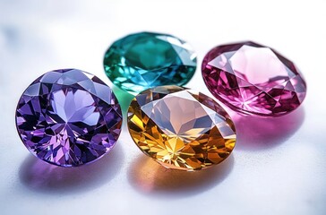 Four faceted oval gemstones in purple, teal, pink and golden amber resting on a smooth light surface, sparkling with vibrant elegant brilliance
