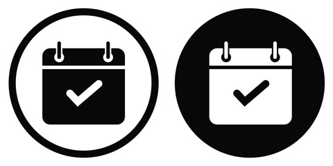 calendar with tick mark icon set in black and white circles, vector graphics isolated on background. © bibin