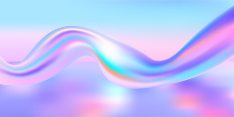 Holographic glass background with wavy ribbons and pastel gradients. 3D abstract texture featuring pearl-like fluid waves in soft rainbow colors for modern design. Vector illustration.