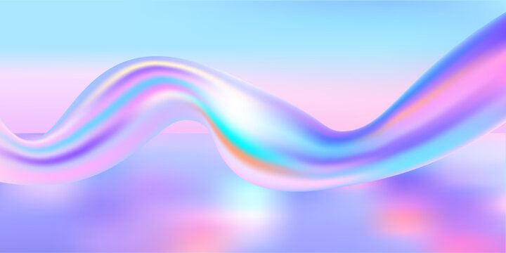 Holographic glass background with wavy ribbons and pastel gradients. 3D abstract texture featuring pearl-like fluid waves in soft rainbow colors for modern design. Vector illustration.