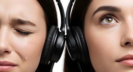 The dichotomy of emotions: joy and sadness, connected by headphones. One side shows a woman crying, and the other shows a woman in a state of joy.