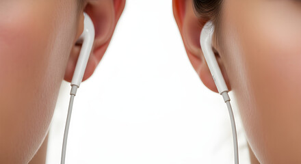 Close-up of two ears with white earbuds plugged in, immersing in audio and sound experience. The subject is enjoying music or engaging in an audio-related activity