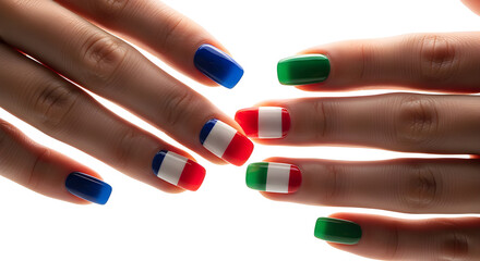 Hands with nails painted in colors that represent national flags, the scene is a celebration of national identity and unity. 
