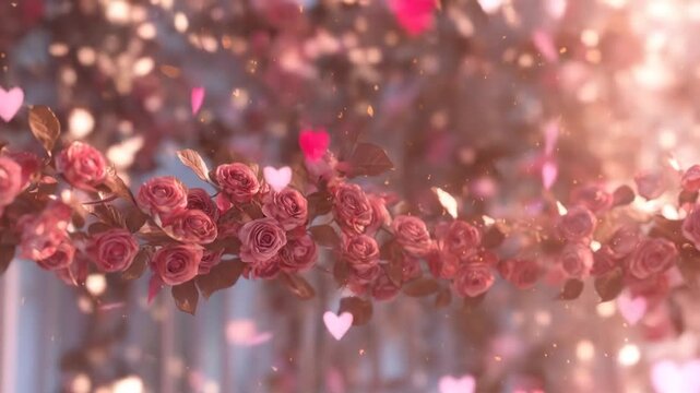 A romantic scene showcasing a floral arch made of roses, hearts, and bokeh effects