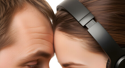 Intimate moment: Two individuals touching foreheads, one wearing headphones. A close-up shot capturing a feeling of connection and shared experience
