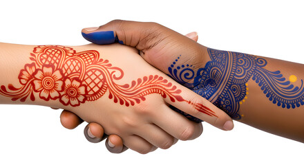 A symbolic representation of unity and cultural celebration through a henna handshake, showcasing intricate body art.