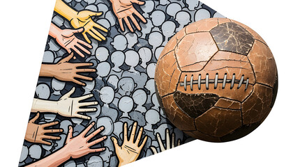 Hands reaching towards a vintage leather soccer ball, symbolizing the global appeal of sport