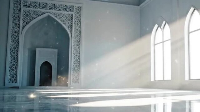 Soft Morning Sunlight in Mosque Interior, Calm Spiritual Ramadan Scene