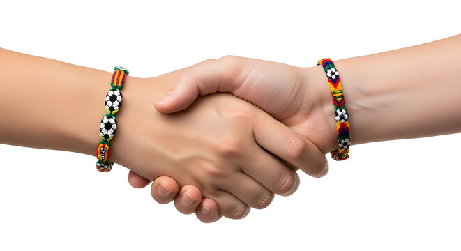 A handshake demonstrating friendship with football-themed bracelets