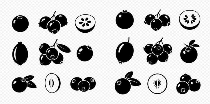 Collection of various berry icons in black and white, including blueberries, cranberries, and gooseberries, suitable for design elements.