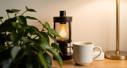 Modern Home Interior Table with Lamp and Plant Decor