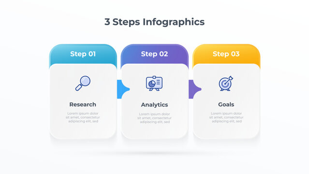 Business Infographic with 3 steps for process workflow presentation. Ideal for presenting strategic development or project phases. Perfect for business presentations, corporate reports.