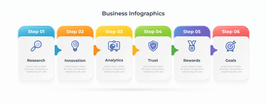 Business Infographic with 6 steps for process workflow presentation. Ideal for presenting strategic development or project phases. Perfect for business presentations, corporate reports.