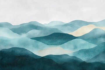 layered misty mountains in teal and blue with pale gold highlights on textured canvas, serene and dreamy