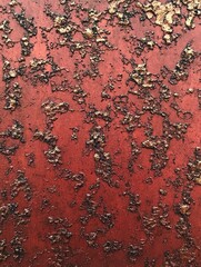 close-up of peeling red metal with flaking rust and rough textured patina conveying weathered gritty decay