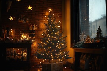 Cozy living room with small lit Christmas tree, twinkling fairy and star lights, wrapped gifts, decorated display cabinet, brick wall and rainy window evoking warm peaceful holiday mood