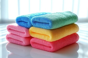 stack of neatly folded colorful towels on a glossy surface in bright morning light conveying a cheerful, fresh and cozy feeling