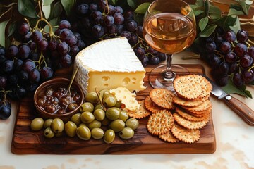 Inviting rustic cheese board with creamy brie, green olives, stacked crackers, fruit chutney, glass of white wine and dark grapes on a wooden board