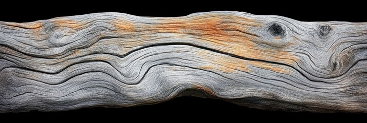 Weathered driftwood log with swirling gray and orange grain, knots and textured grooves on a black background conveying calm rustic aged beauty