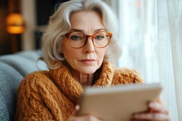 elderly woman in a cozy orange knit sweater sitting on a couch by a bright window, holding a tablet and calmly reading in warm soft light
