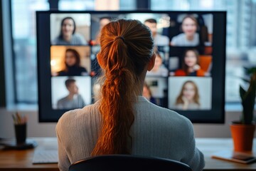 person with red ponytail at a home desk facing a large monitor showing a grid of video call participants, focused atmosphere of digital connection