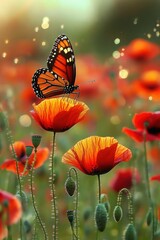 Delicate orange butterfly perched on glowing red poppies in a sunlit meadow, peaceful and dreamy